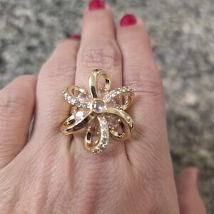14k Gold Play3d Flower Cocktail Ring with Pink Swarovski Stones Size 7